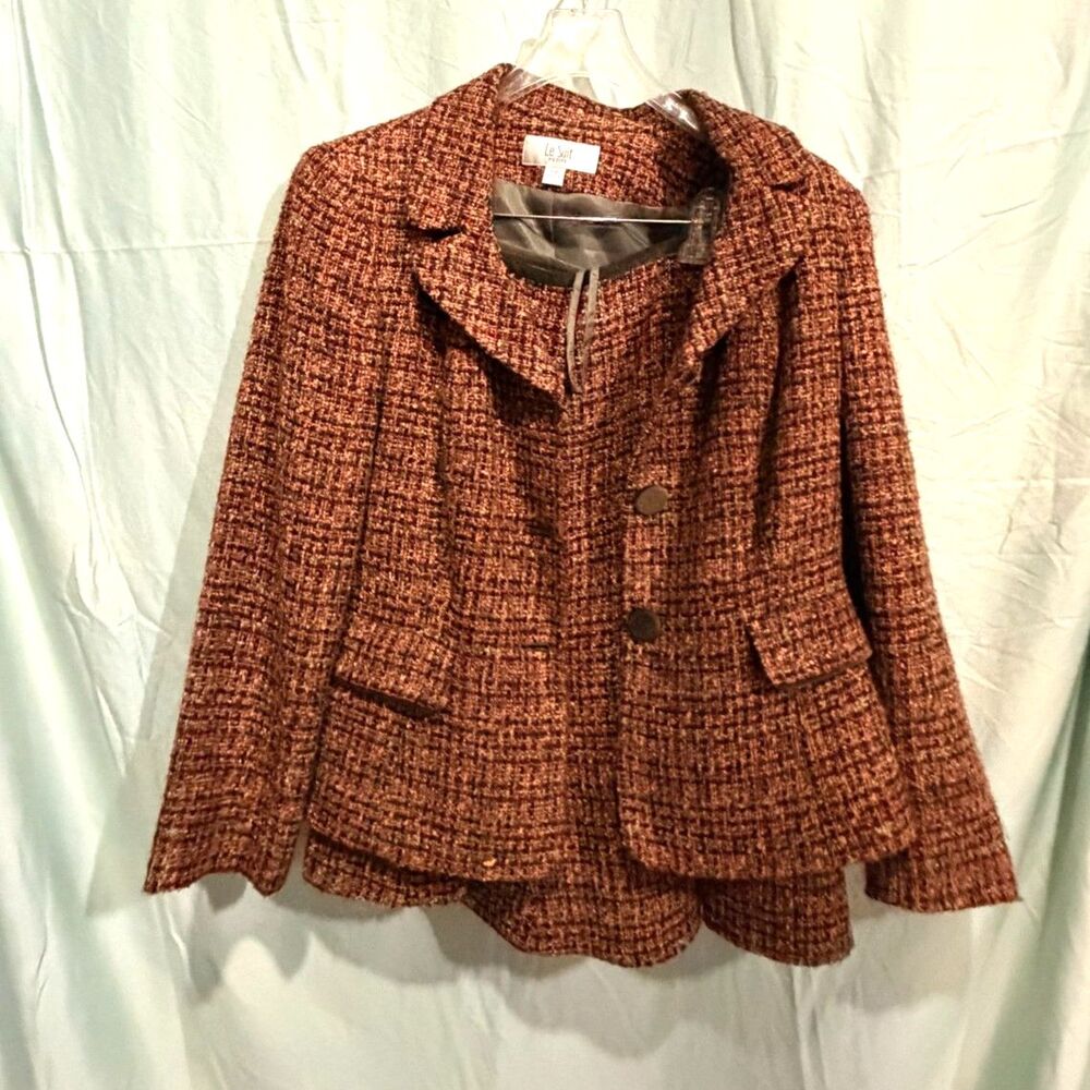 Le Suit Petite Women’s 10P Brown Multicolor Tweed Skirt Suit Blazer 2 Piece